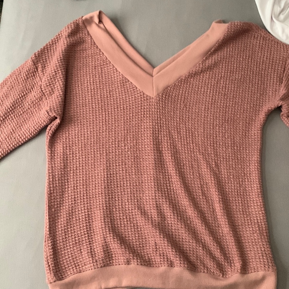 V Neck Long Sleeve Waffle Knit Top Off Shoulder Oversized Pullover Sweater